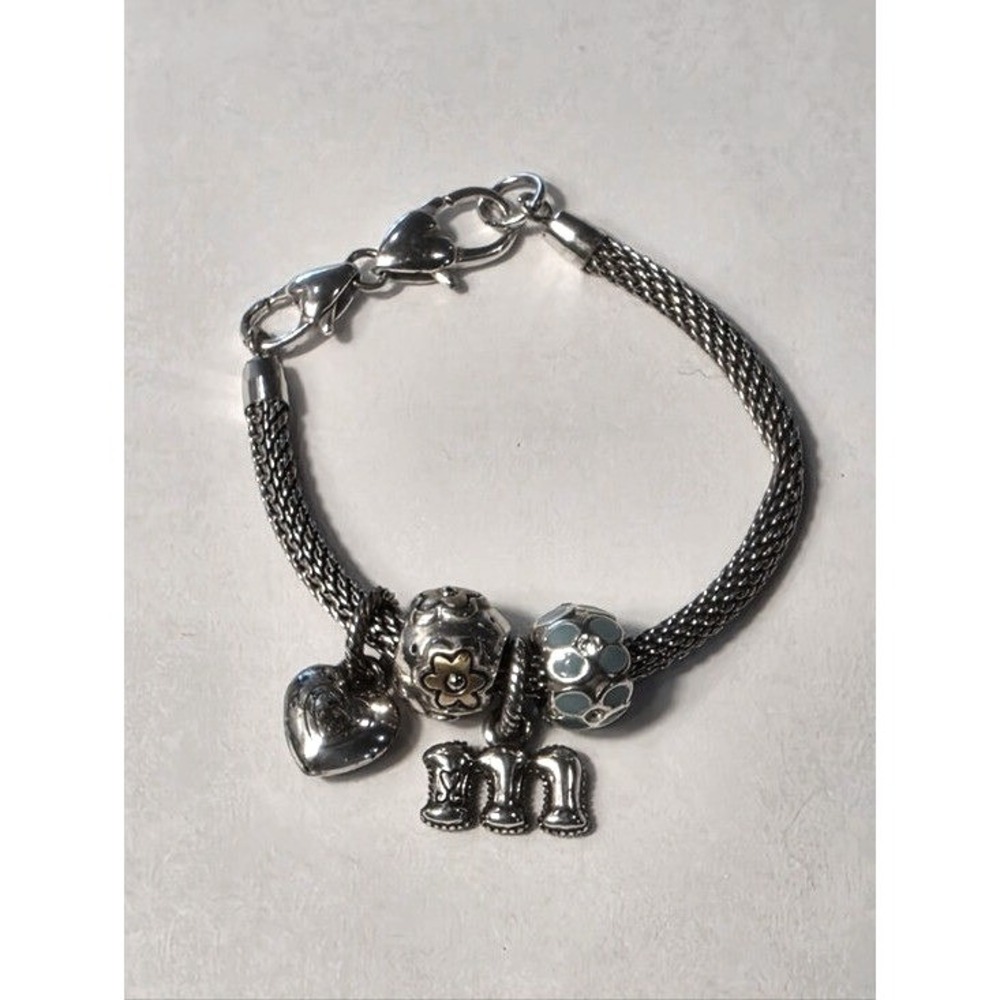 Brighton M Floral Silver‎ Charm Bracelet with Aqua Enamel and Heart Charm